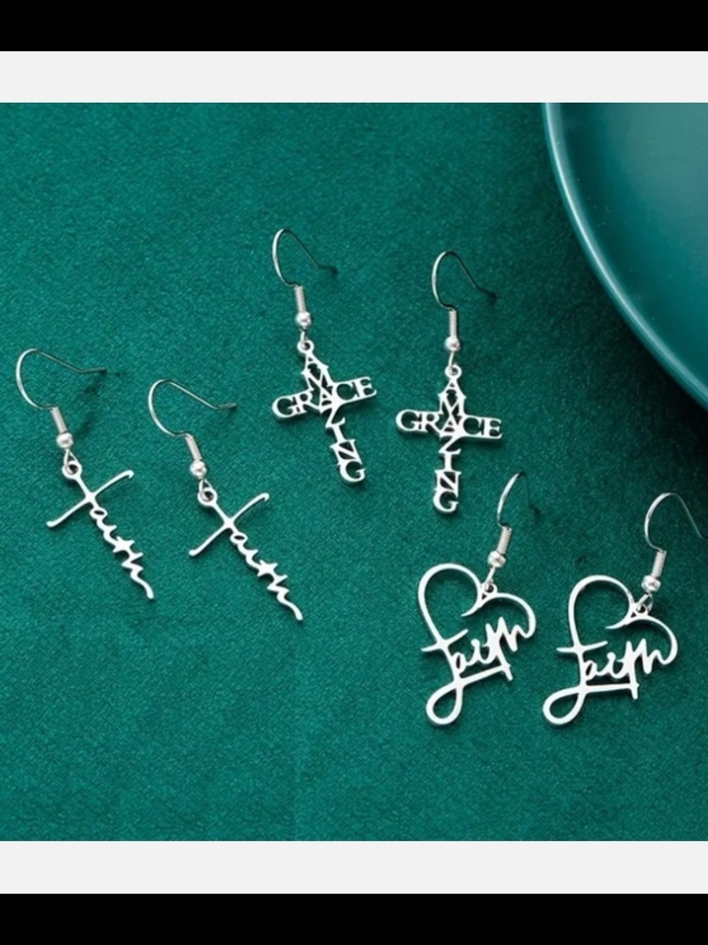 1 Set Stainless Steel Silver Tone Script Faith & Grace Dangle Earrings
